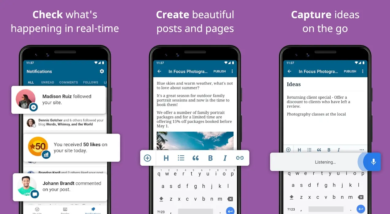 WordPressモバイルアプリの3つの画面
