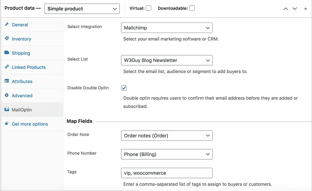 Captura de tela da integração do produto WooCommerce