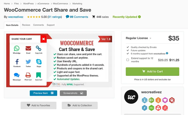 WooCommerce Cart مشاركة وحفظ المكون الإضافي