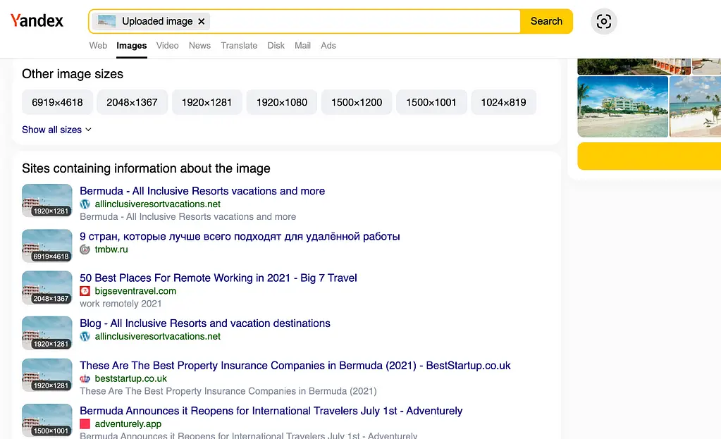 Resultados da pesquisa de imagens reversas do Yandex