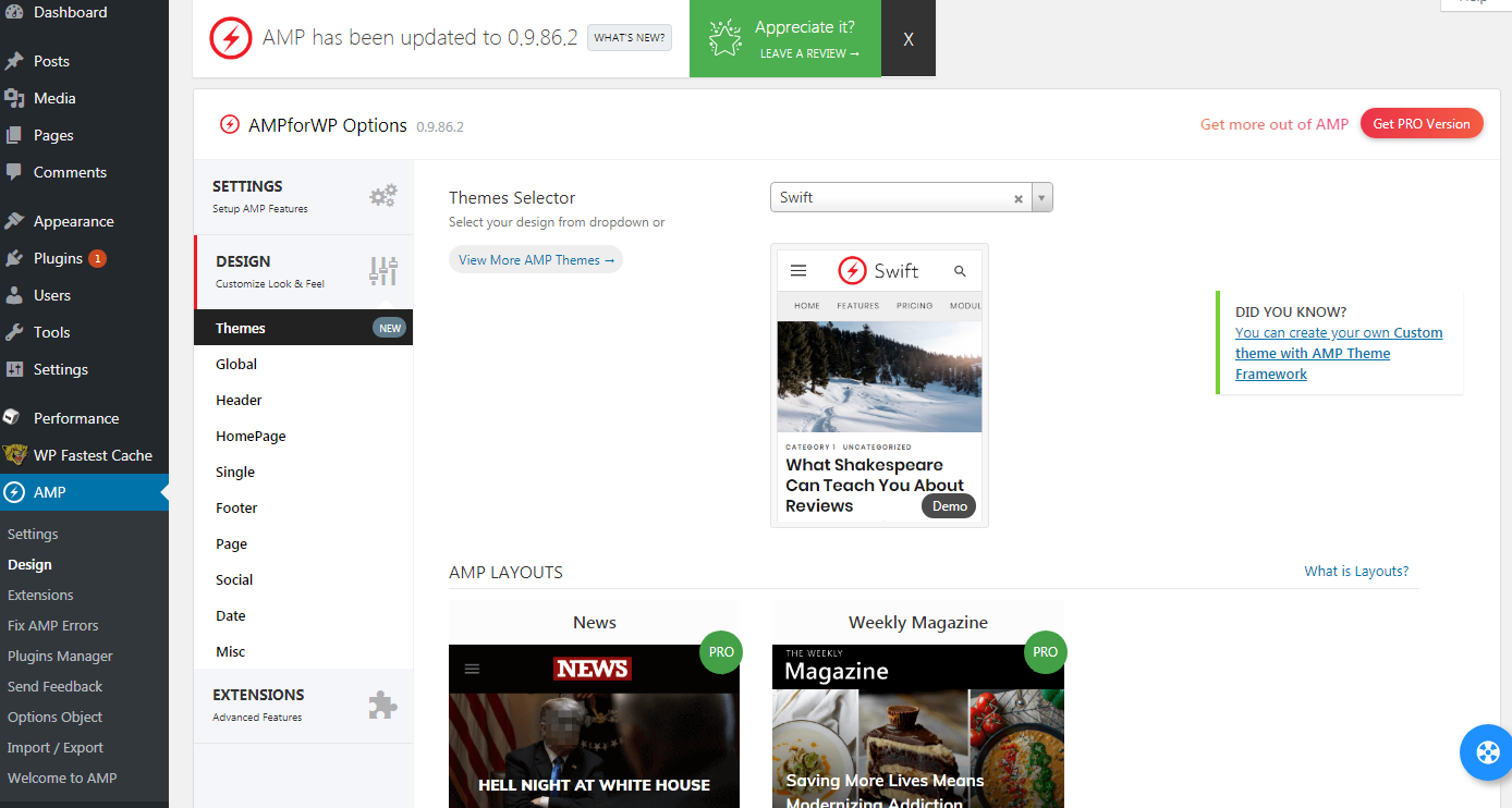 AMP لسمات تصميم WordPress