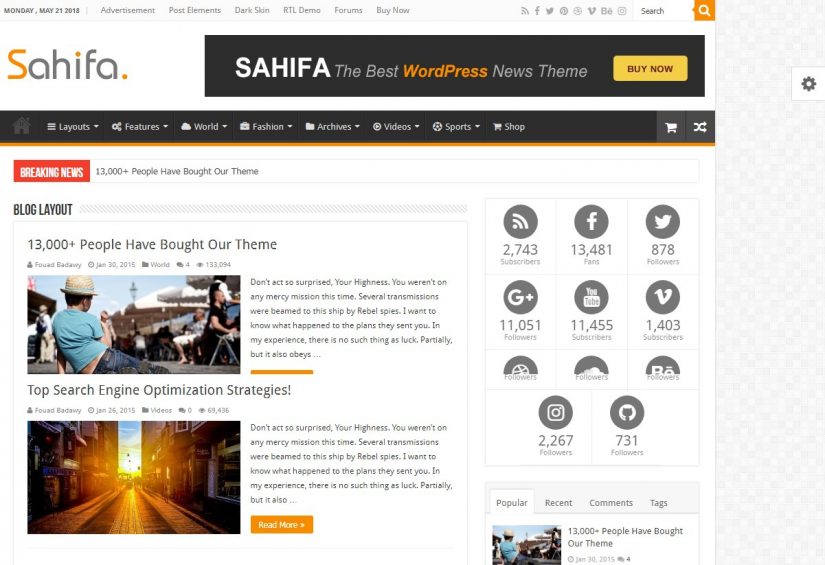 Tema do blog Sahifa WordPress 2018