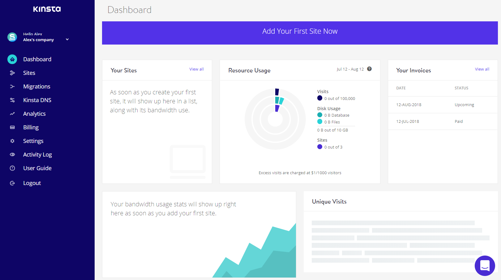 Kinsta Dashboard - primeiro login