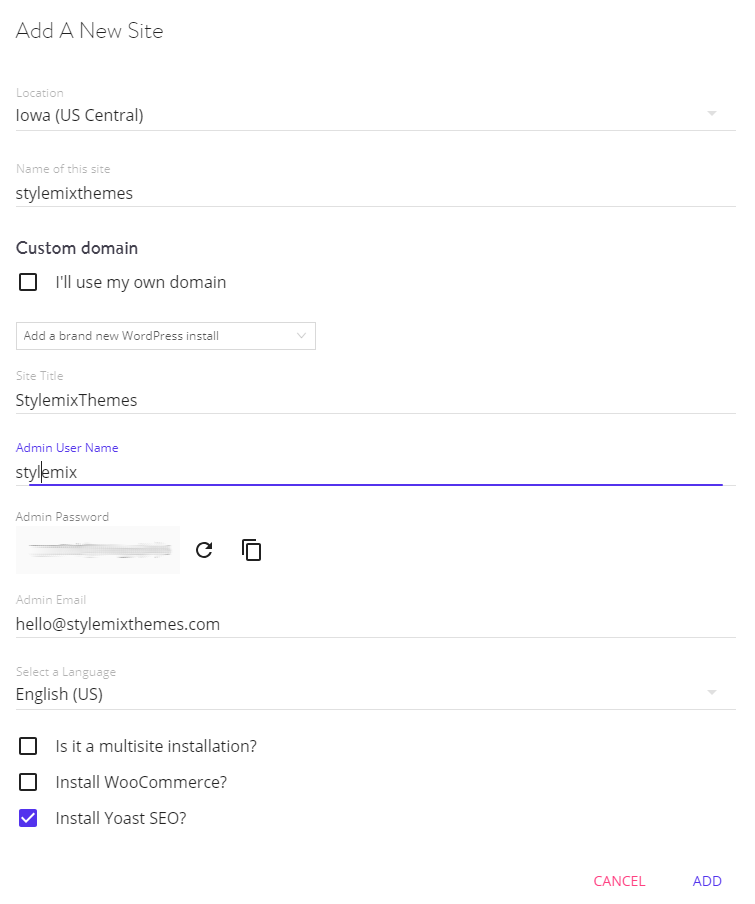 Kinsta Dashboard - detalhes do site WordPress e instalação de plugins necessários