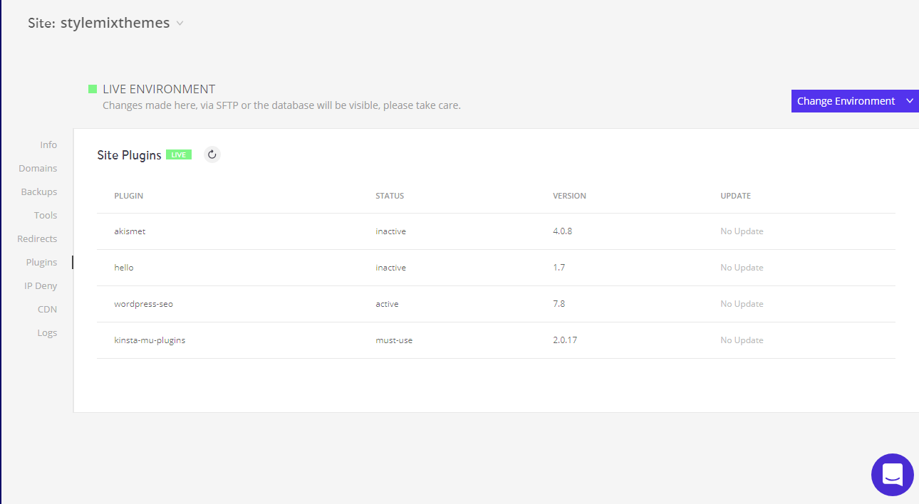 Painel de gerenciamento de plugins Kinsta