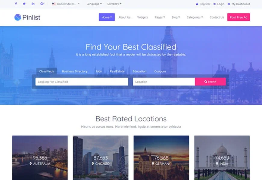 Pinlist es una plantilla HTML de directorio excepcional