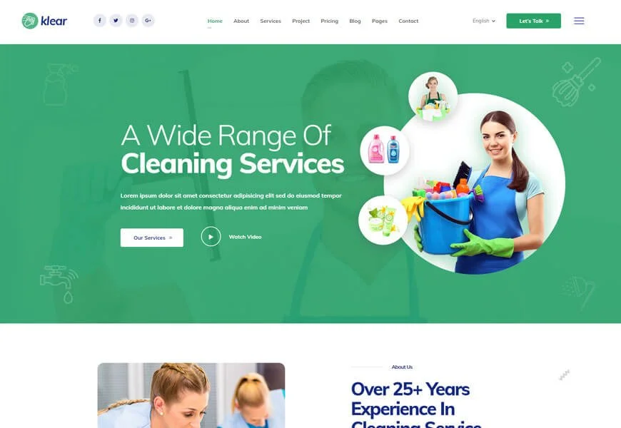 klear es otra plantilla de sitio web de empresa de limpieza