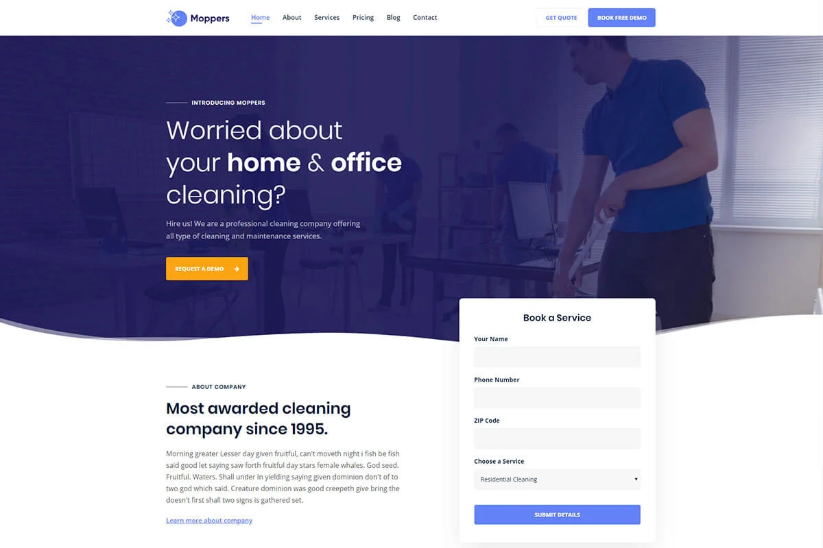 Moppers es uno de los mejores temas de WordPress para empresas de limpieza.