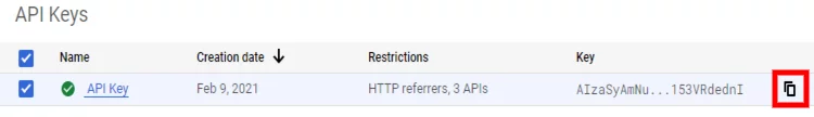 Ejemplo de la clave API de Google.
