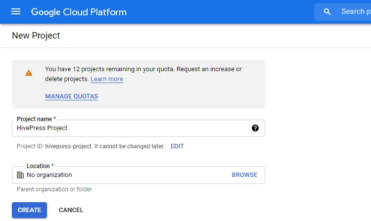 Creación de un nuevo proyecto en Google Cloud Platform.