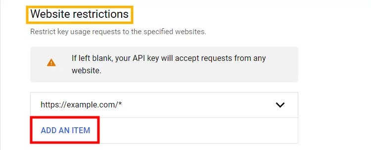 Ejemplo de cómo agregar restricciones de sitios web para la clave API