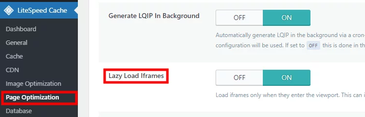 Optimización del contenido de la página del sitio web habilitando la opción "Lazy Load Iframes".
