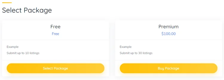 Ejemplo de listado de paquetes que le permiten monetizar un mercado de servicios con WordPress.