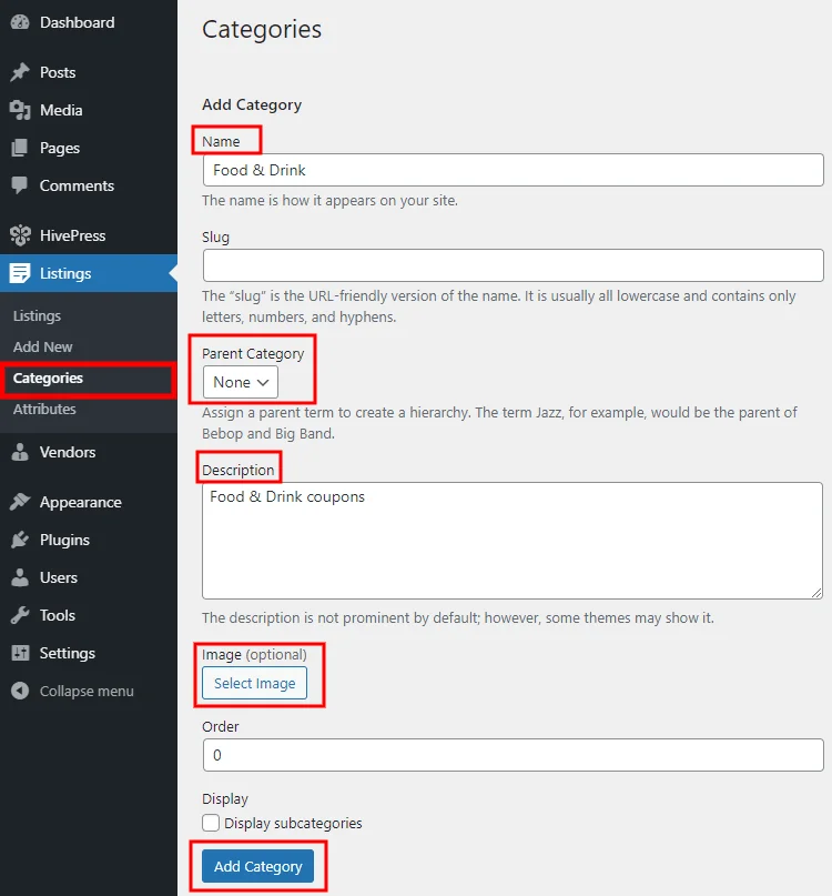 Adăugarea categoriilor de listări în WordPress.