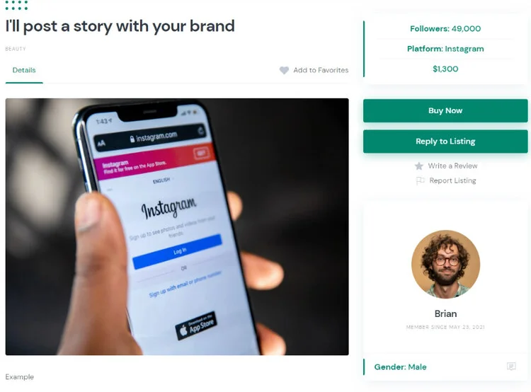 Beispiel für eine auf der Influencer-Marketing-Plattform aufgeführte Dienstleistung.