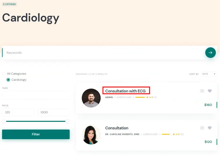 Un ejemplo de la categoría de listado en el sitio web de citas médicas.