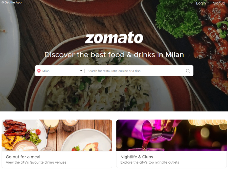 Página de inicio de Zomato.