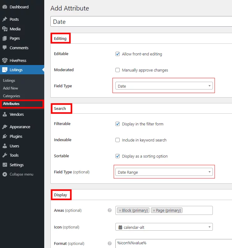 Creación de campos personalizados del sitio web del directorio de eventos.