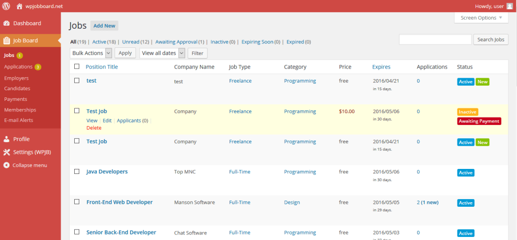 Tableau d'emploi WP