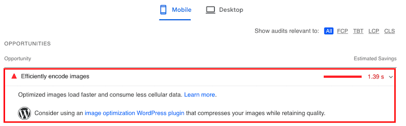 "이미지를 효율적으로 인코딩" 문제 - 출처: PageSpeed Insights