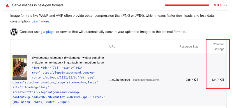 WebP 또는 AVIF를 통한 잠재적 절감 - 출처: PSI