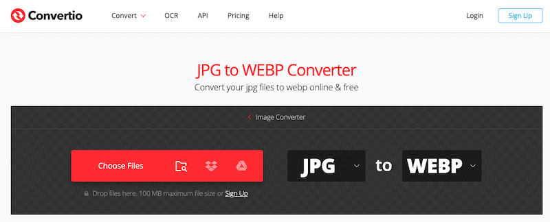 JPG를 WebP로 변환하는 웹 기반 도구의 예 - 출처: Convertio