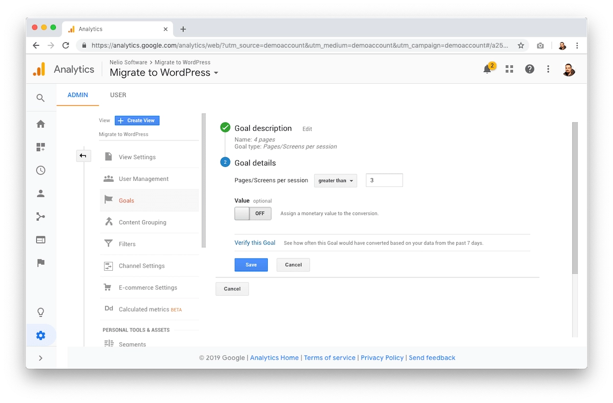 要衡量您網站有多少訪問者訪問了最少數量的頁面，請使用適當的 Google Analytics（分析）目標。