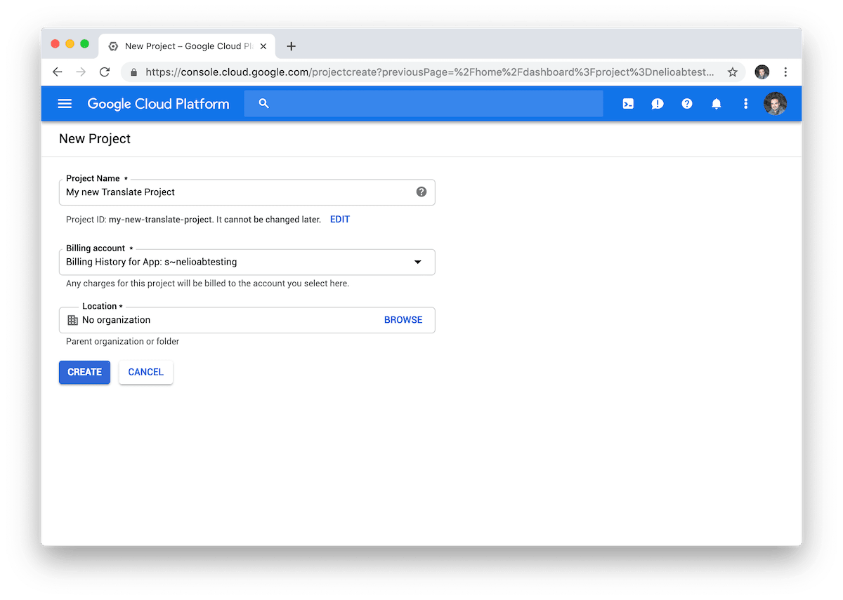 Tampilan pembuatan proyek baru di Google Cloud.