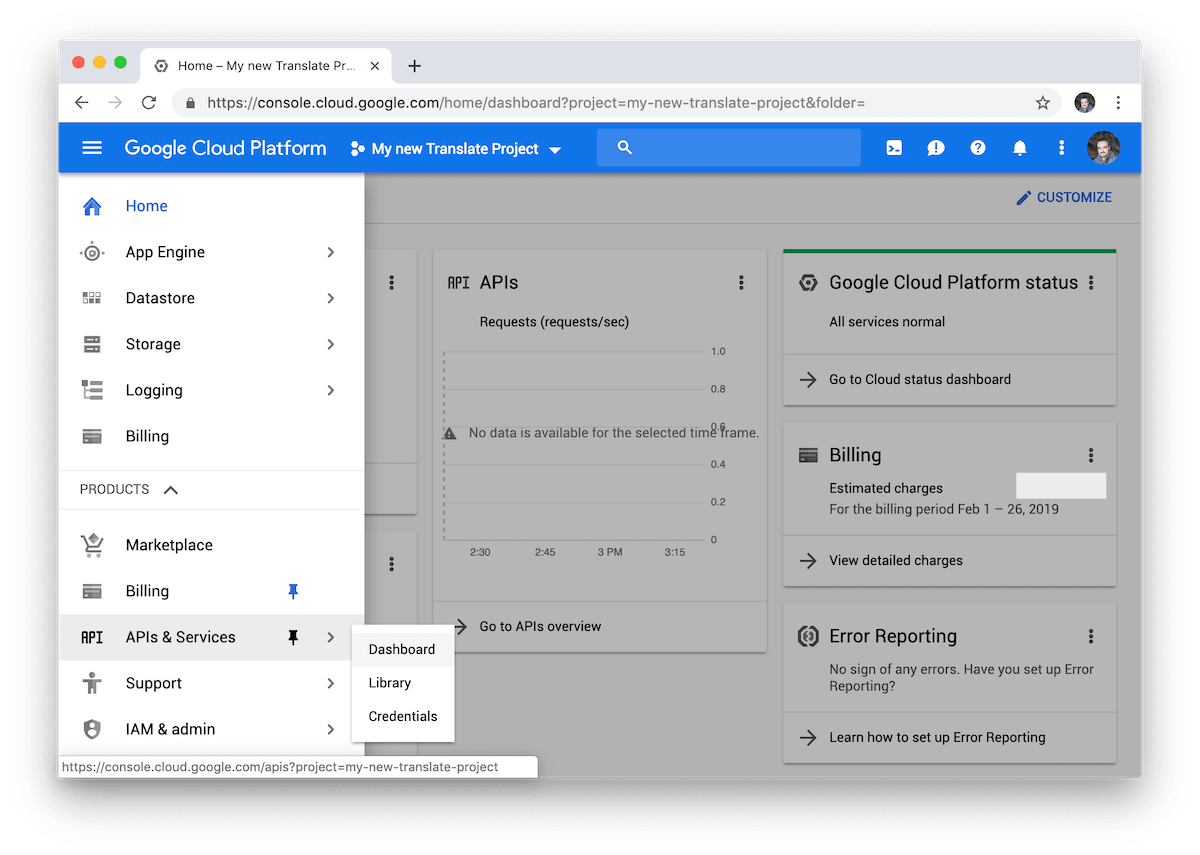 Menu layanan dan API Google Cloud.