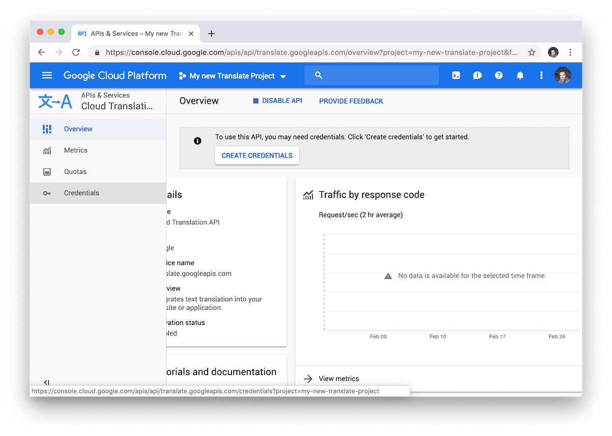 Menu pengelolaan kredensial Google Cloud Translate.