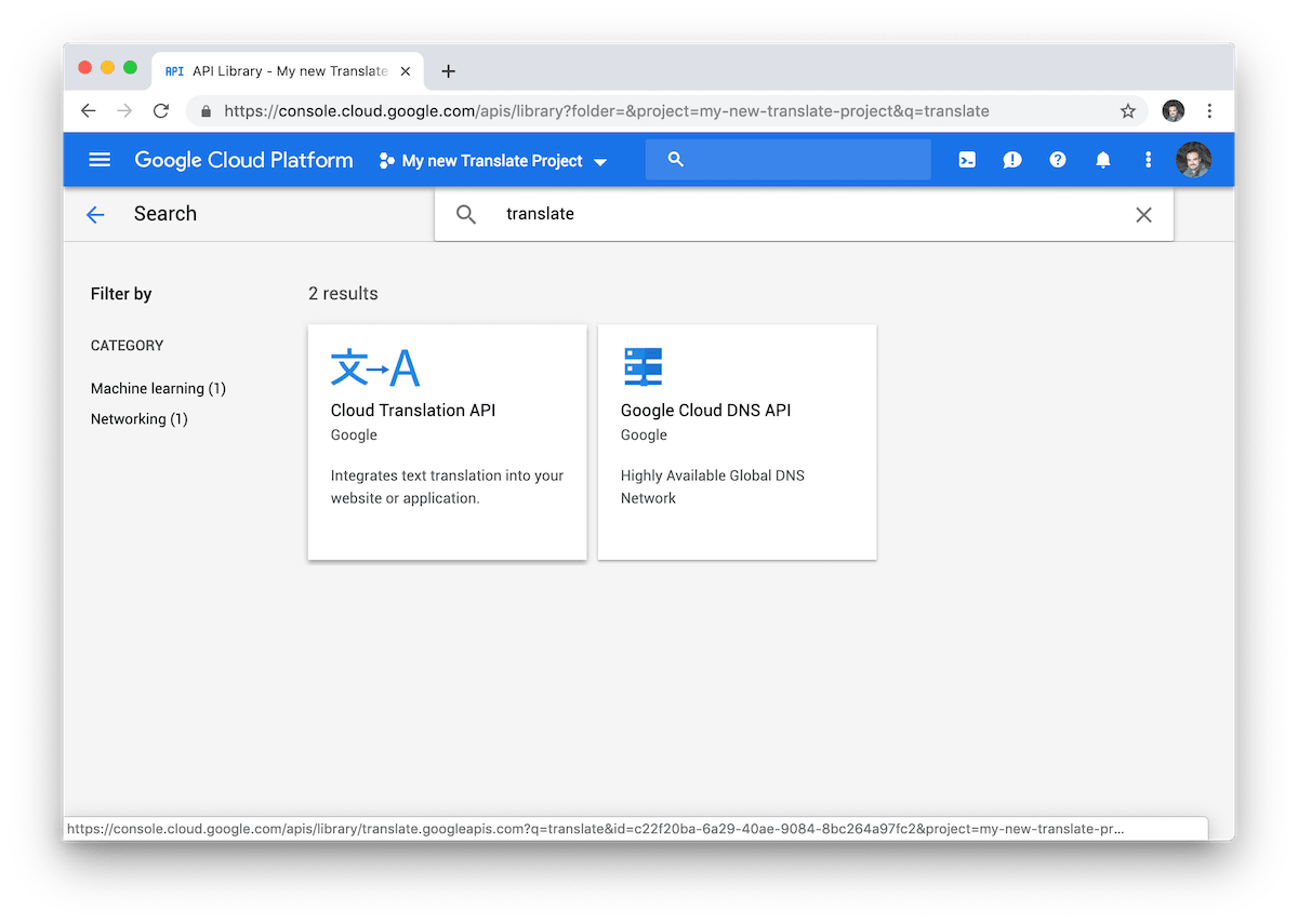 Tampilan pencarian API untuk aktivasi nanti di proyek Google Cloud kami.