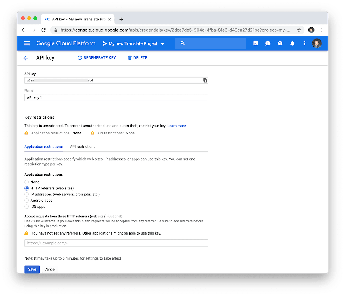 Kami dapat membatasi dari domain web mana kami dapat menggunakan API Kunci yang baru saja kami buat untuk menghindari penyalahgunaannya jika terjadi kehilangan.