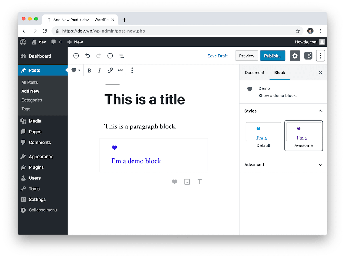우리의 상용구가 블록 편집기에 기본적으로 포함하는 데모 블록.