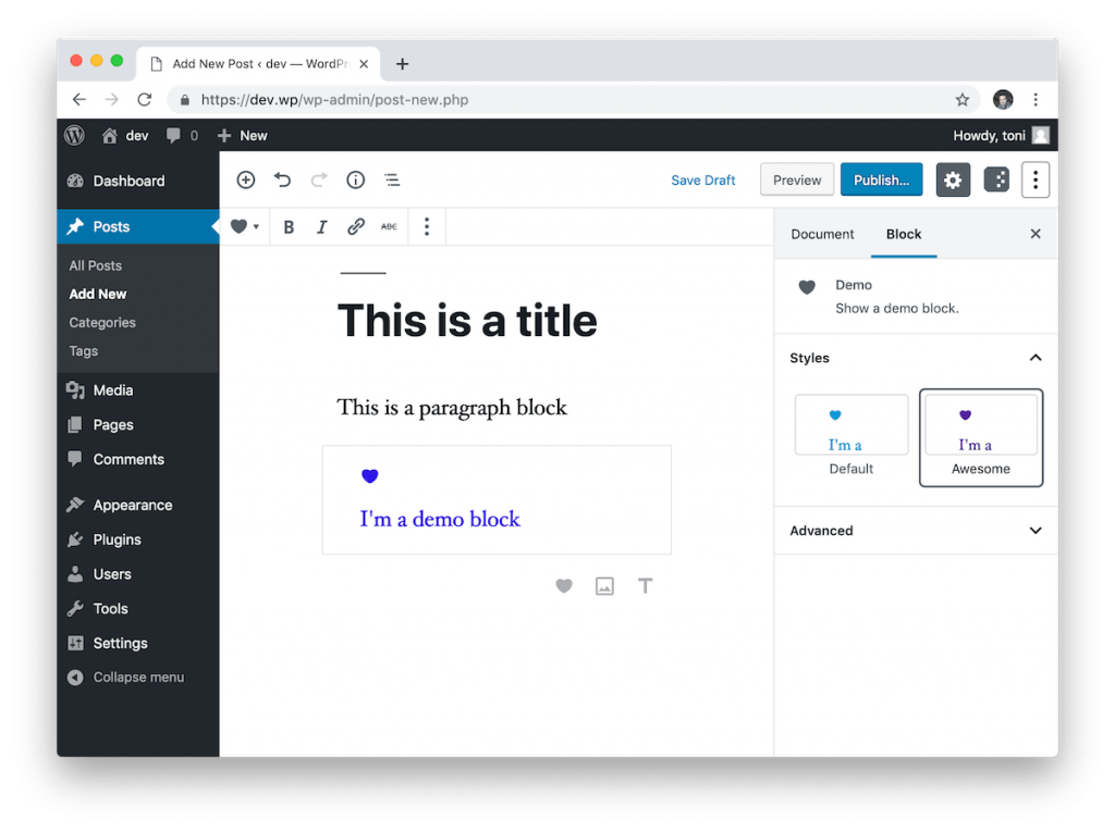我们的样板默认包含在块编辑器中的演示块。