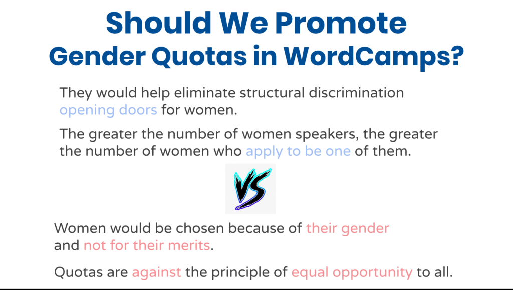 讨论性别配额利弊的幻灯片截图