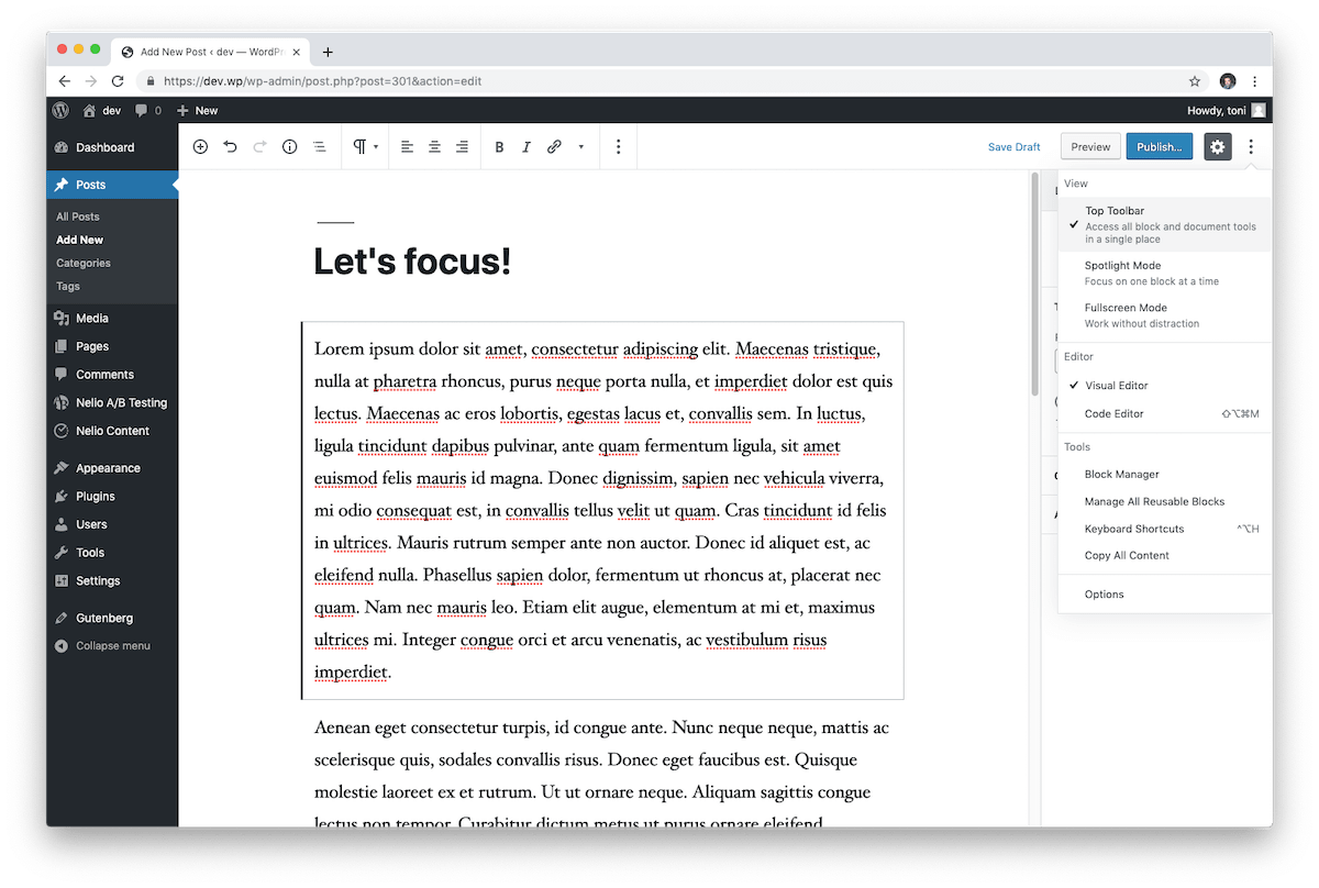 我們可以將每個塊的工具欄移動到 WordPress 塊編輯器的頂部。