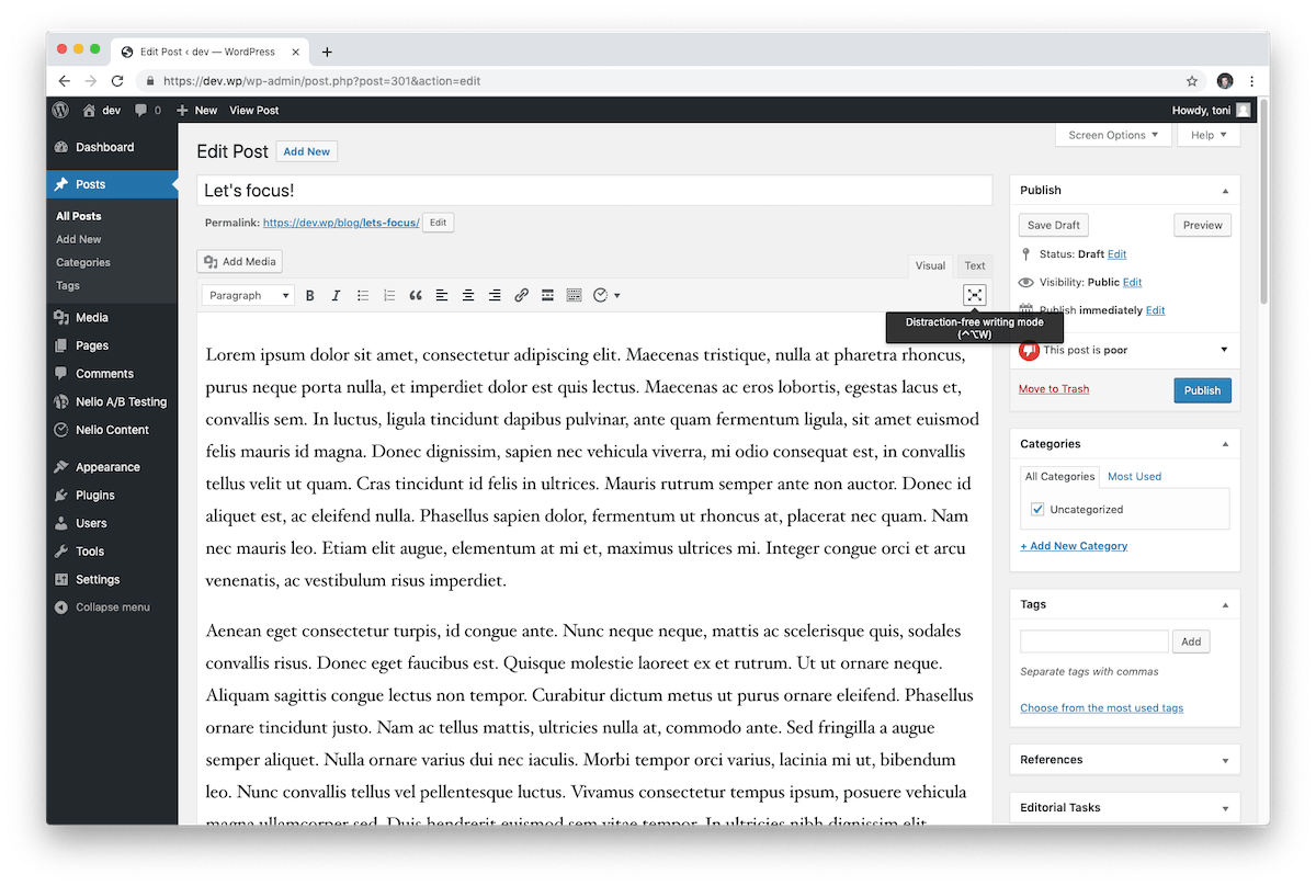 經典的 WordPress 編輯器包含很多帶有附加信息的框，這些信息會在您鍵入時分散您的注意力。