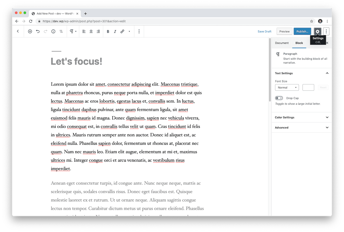 如果內容編輯界面適合，隱藏 WordPress 塊編輯器的側邊欄以清理更多內容。
