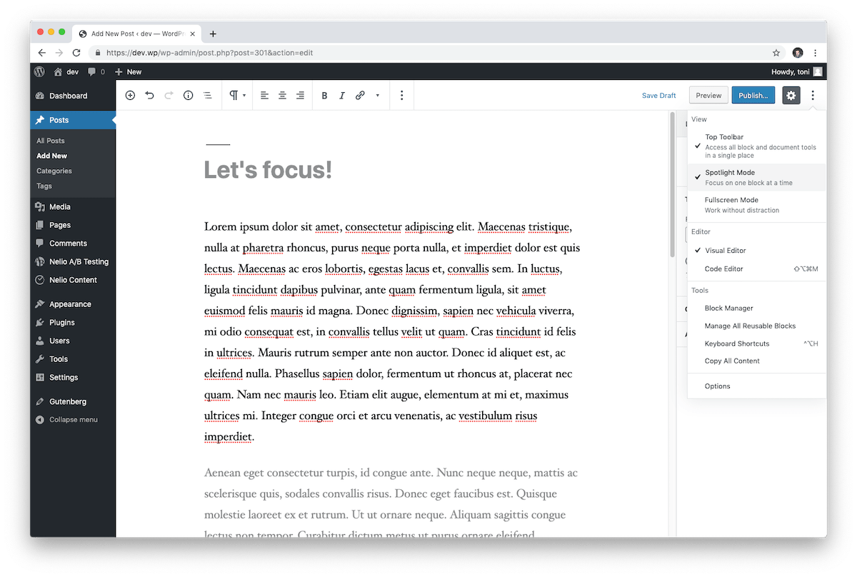 如果您只想專注於正在編輯的塊，請在 WordPress 塊編輯器中激活焦點模式