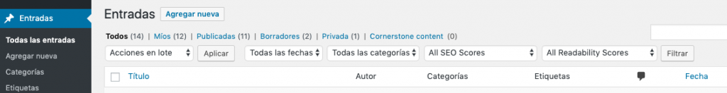 一部の翻訳が欠落しているスペイン語（アルゼンチン）のWordPressのダッシュボードのスクリーンショット