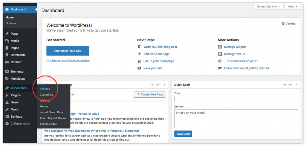 Accessing themes from the WordPress dashboard