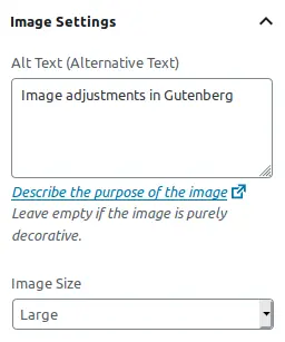 Configuración de imagen en Gutenberg