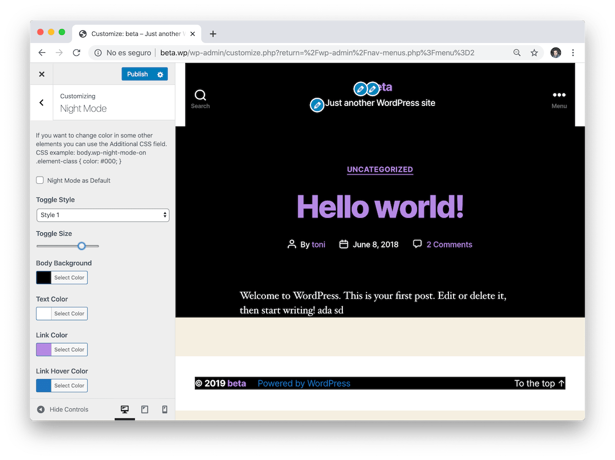 사용자 정의 프로그램에서 야간 모드의 배경 및 텍스트 색상과 링크를 정의할 수 있습니다.