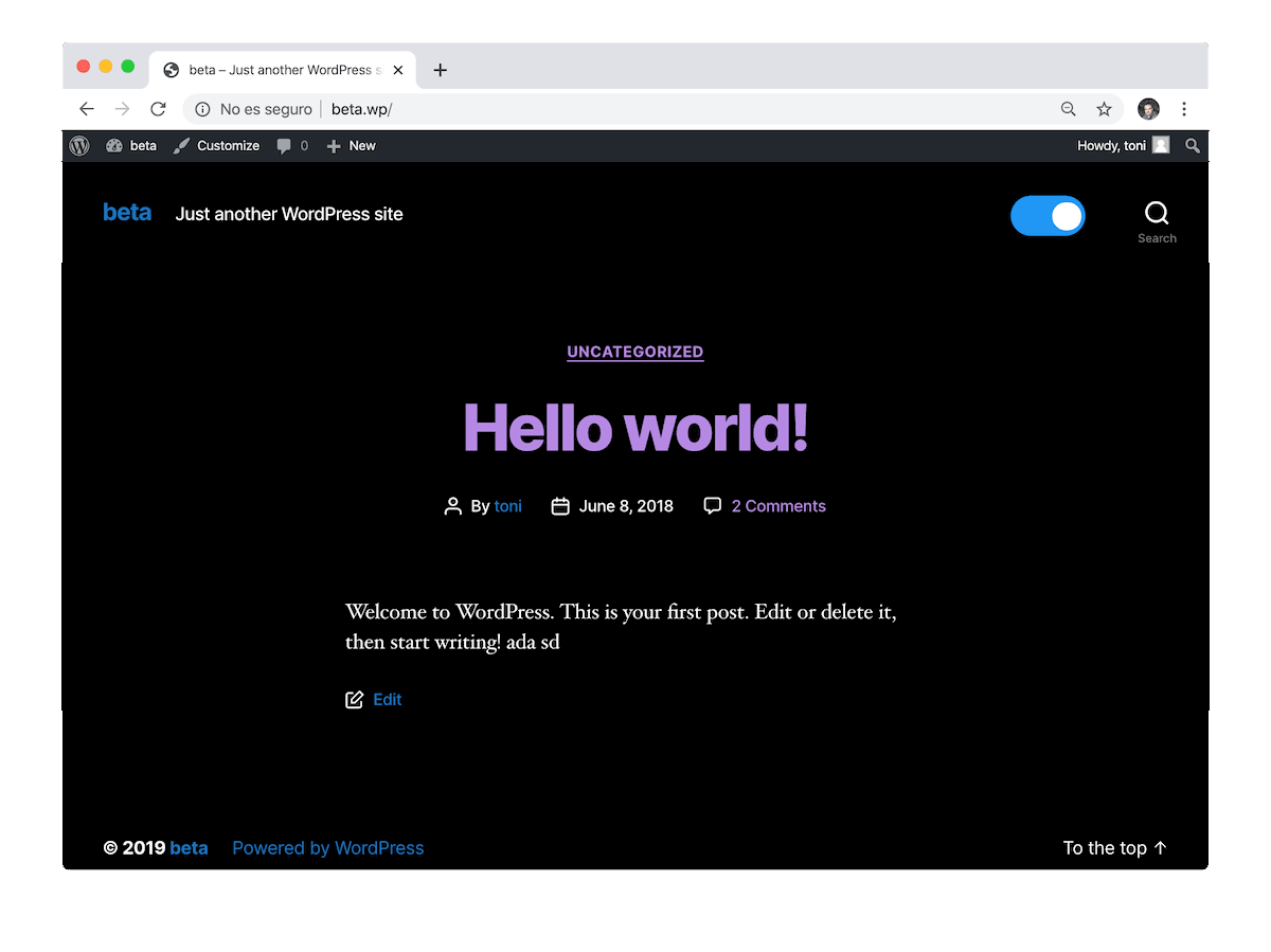 Captura de pantalla de la web con el modo noche activado.