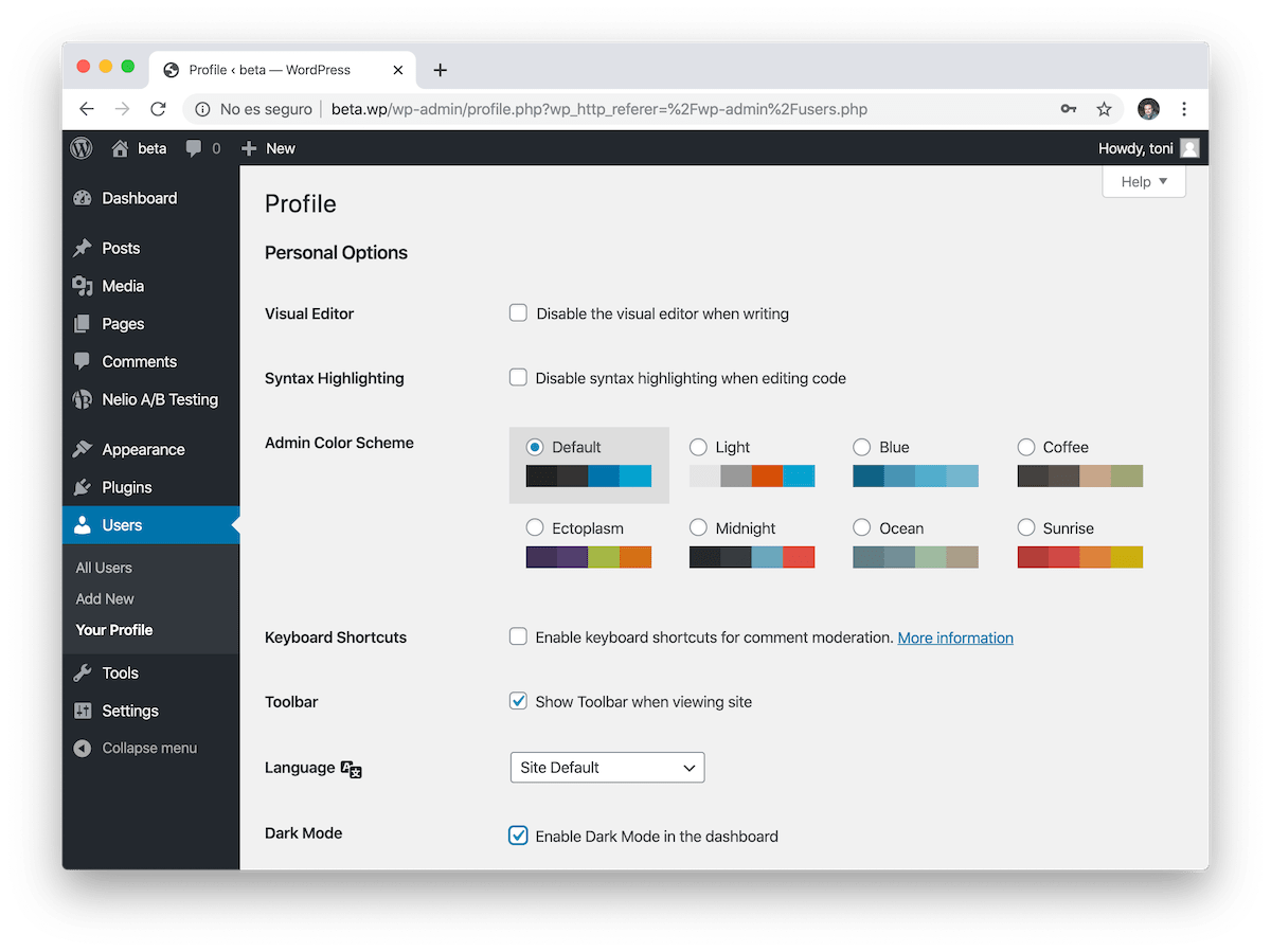 WordPress의 각 사용자는 데스크탑을 야간 모드로 볼 것인지 일반 모드에서 볼 것인지 선택합니다.