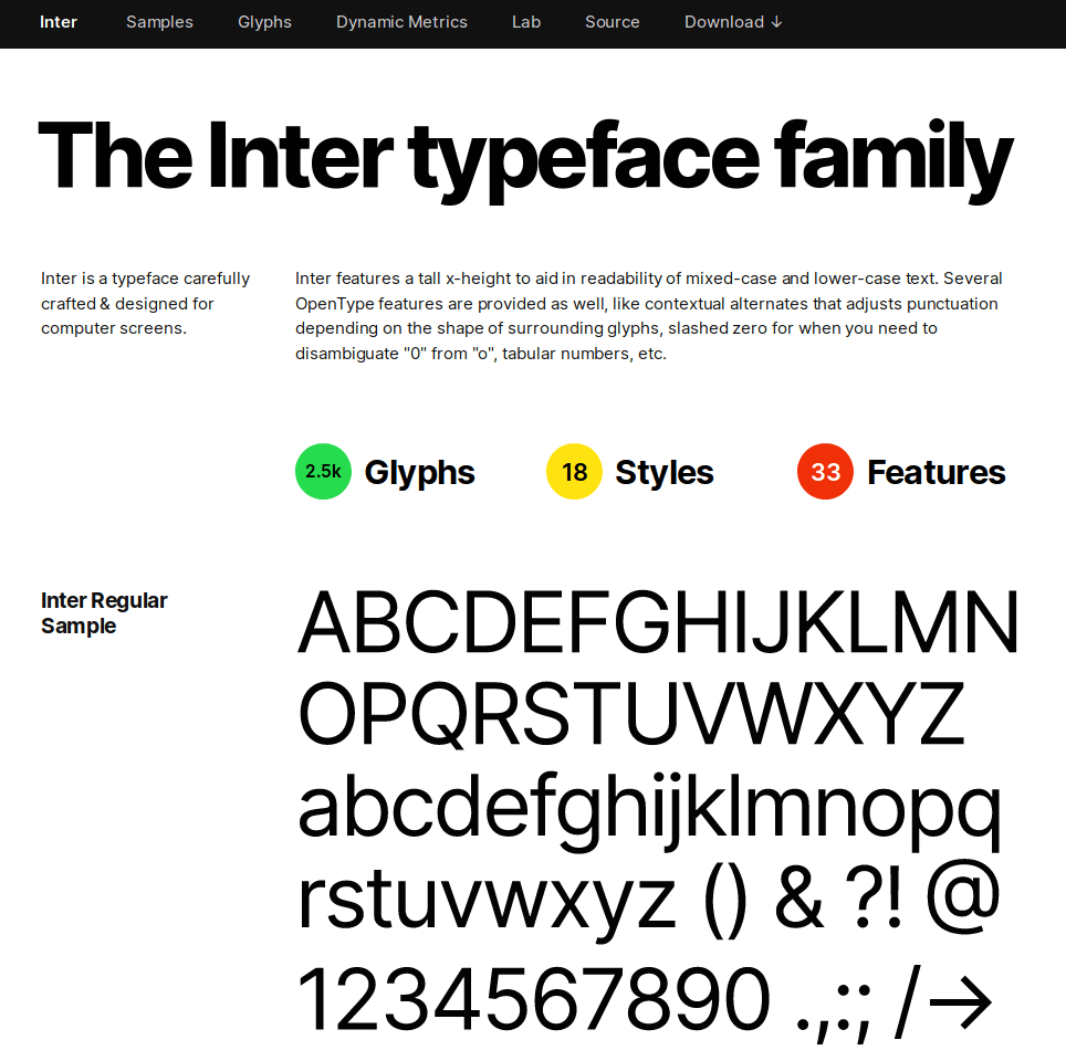 인터의 홈페이지 스크린샷(오픈 서체).