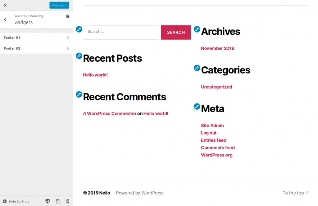 Twenty Twenty에는 바닥글에 두 개의 위젯 영역이 있으며, 이는 캡처에서 보는 두 개의 열에 해당합니다.