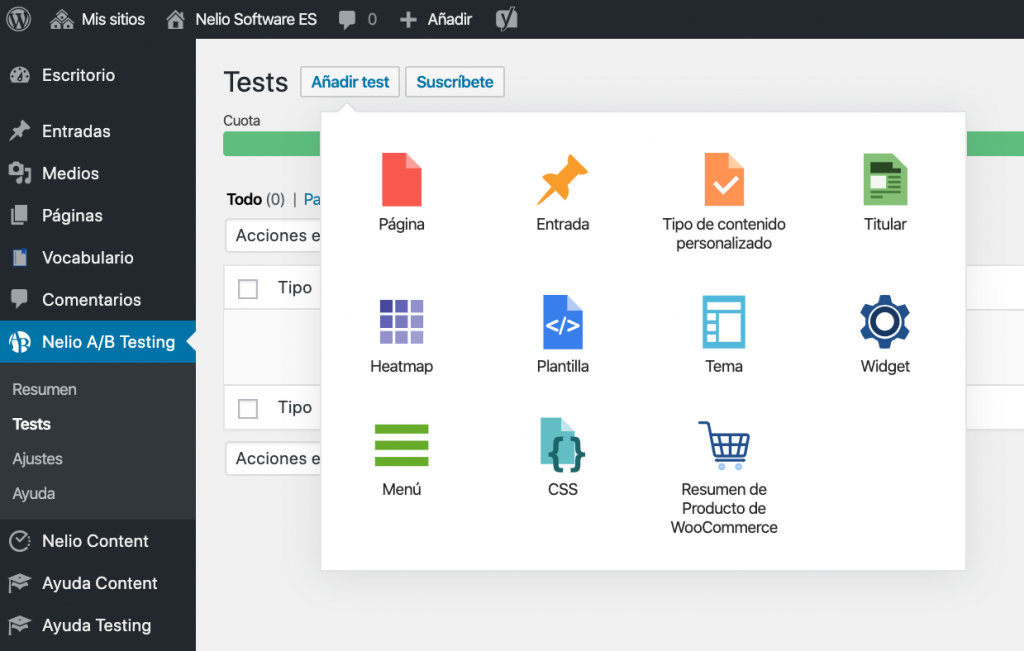 Nuevo selector de pruebas en Nelio A/B Testing 5.0