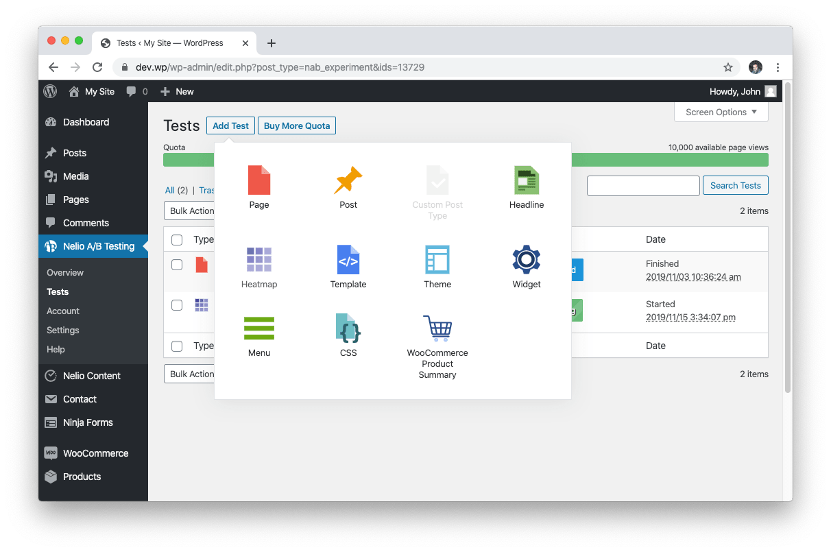 Selector de nuevas pruebas en Nelio A/B Testing.