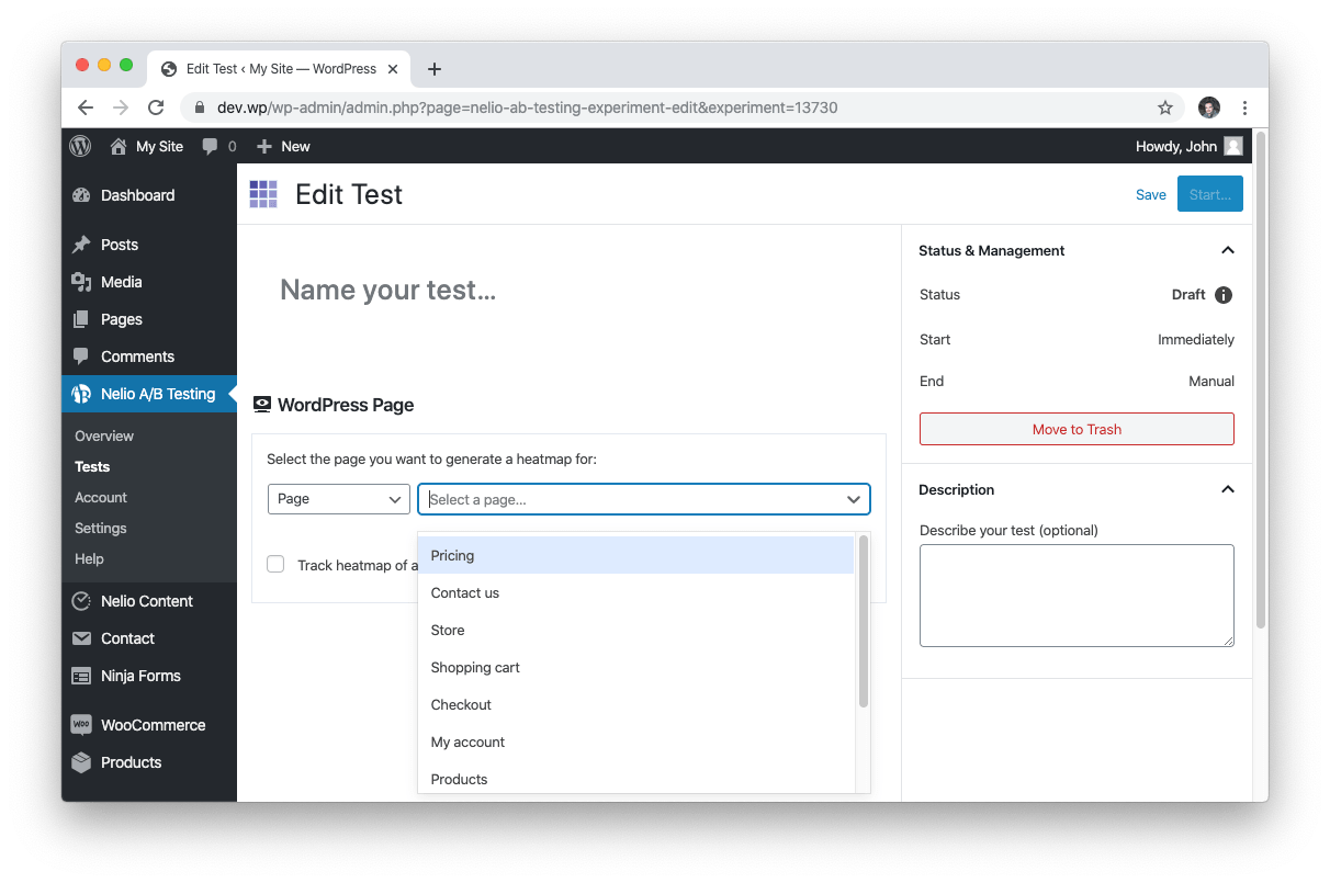 Pantalla de edición de una prueba de mapas de calor.